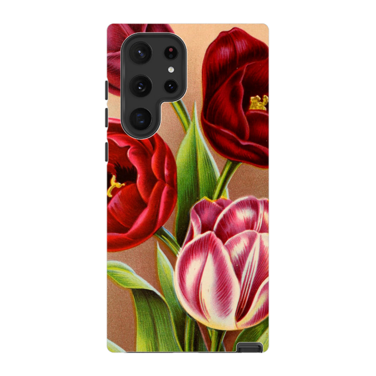 Samsung Tough Case featuring a vibrant red and pink tulip floral print on a durable dual-layer protective shell.