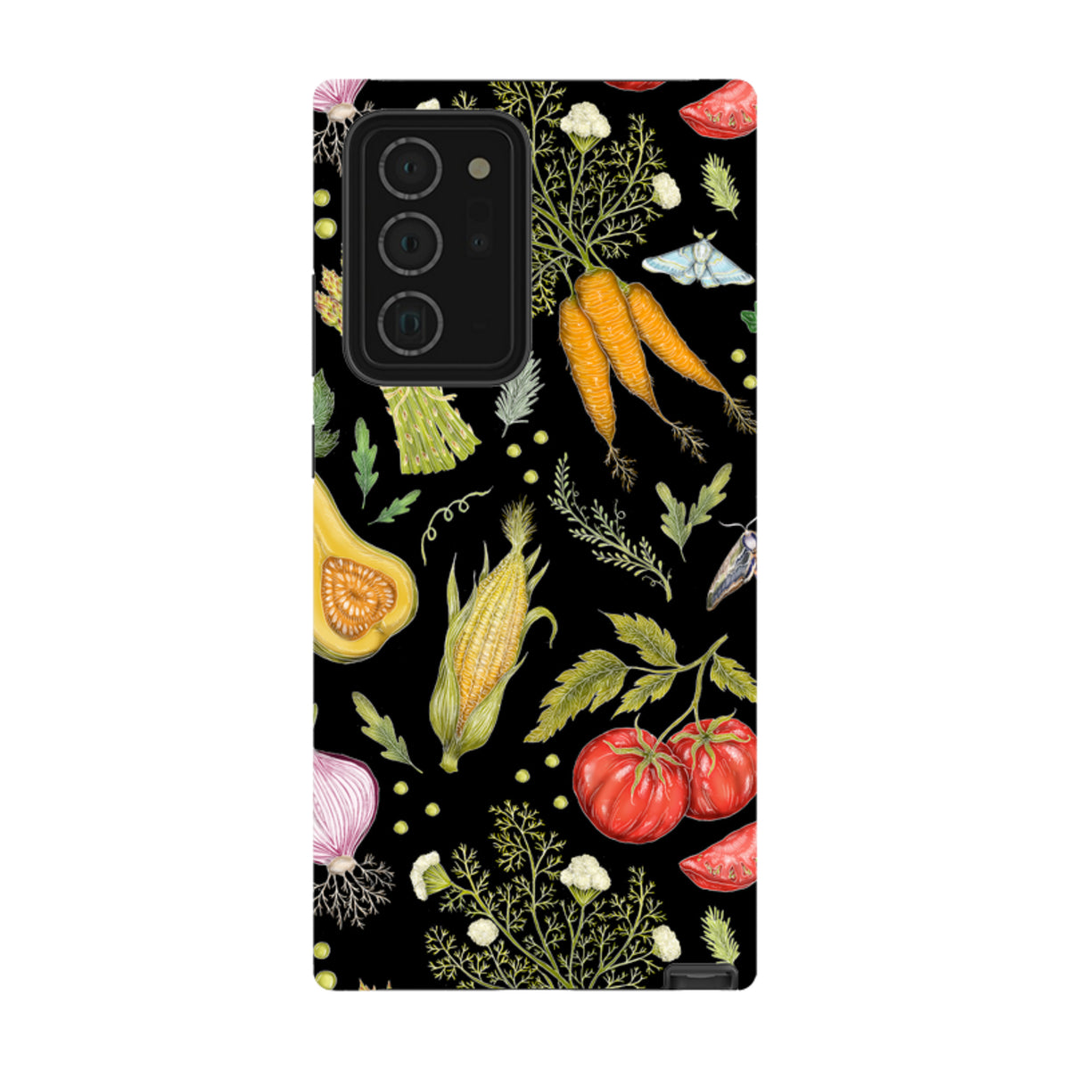 Samsung Tough Case featuring a vibrant vegetable and moth pattern by Catherine Rowe on a black background.