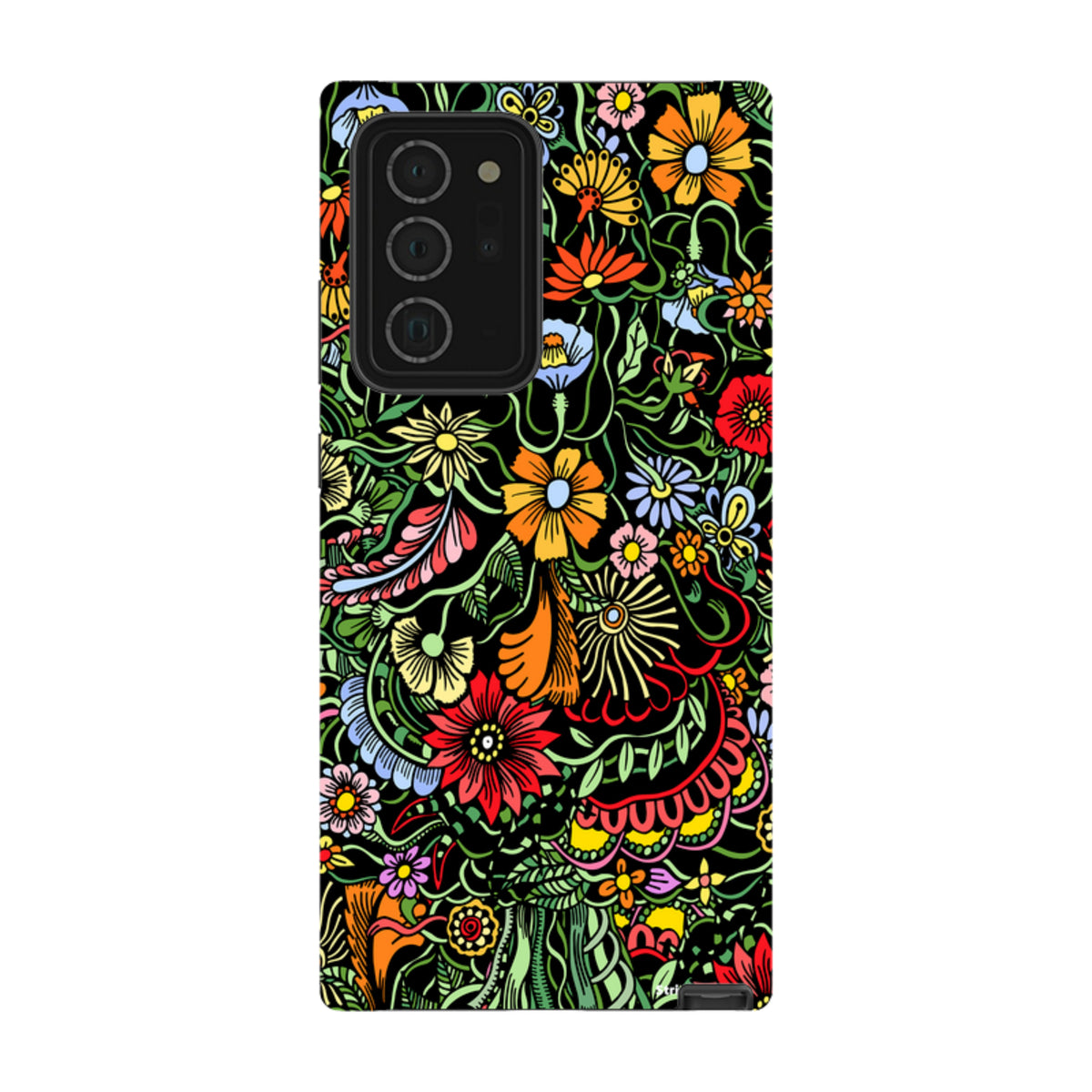 Samsung Tough Case in Verona design featuring a vibrant, multi-colored floral pattern on a black background.