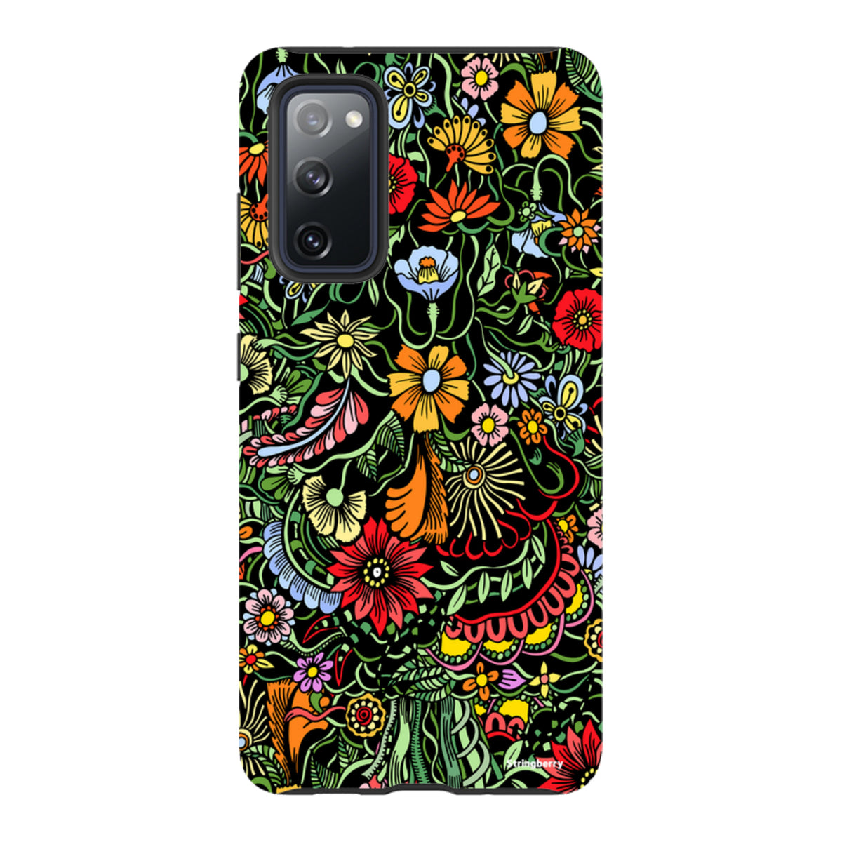 Samsung Tough Case in Verona design featuring a vibrant, colorful floral pattern on a black background for Galaxy phones.