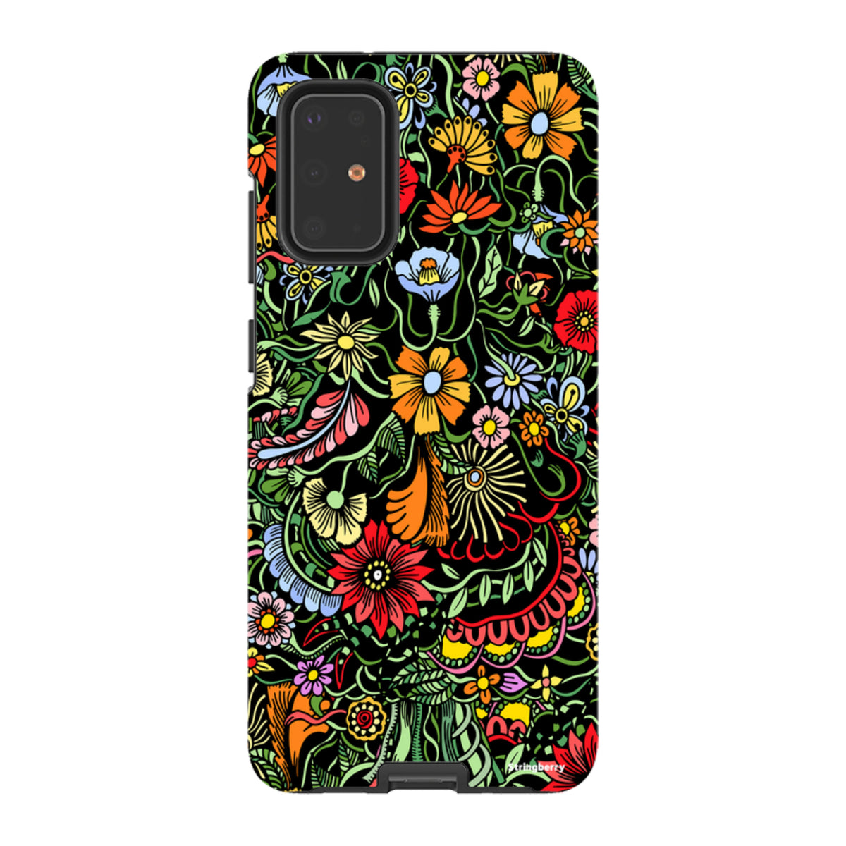 Samsung Tough Case in Verona design featuring a vibrant, multicolored floral pattern on a black background.