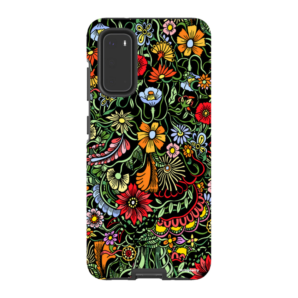 Samsung Tough Case in Verona design featuring a vibrant, colorful floral pattern on a black background for Galaxy phones.