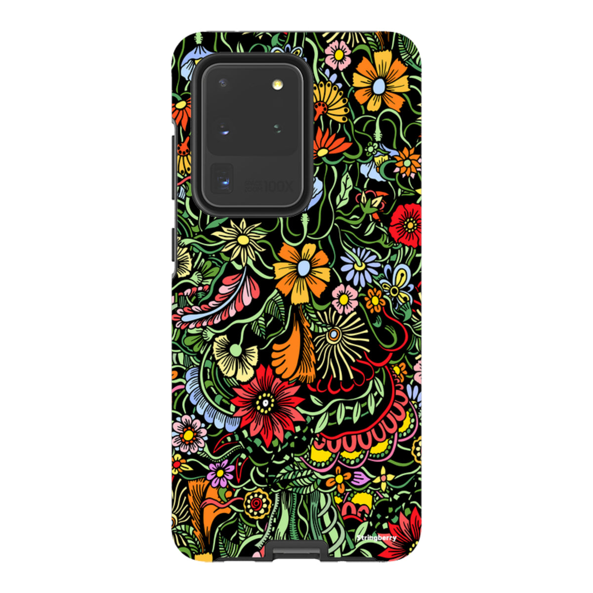 Samsung Tough Case in Verona floral print with vibrant, colorful flowers and leaves on a black background.