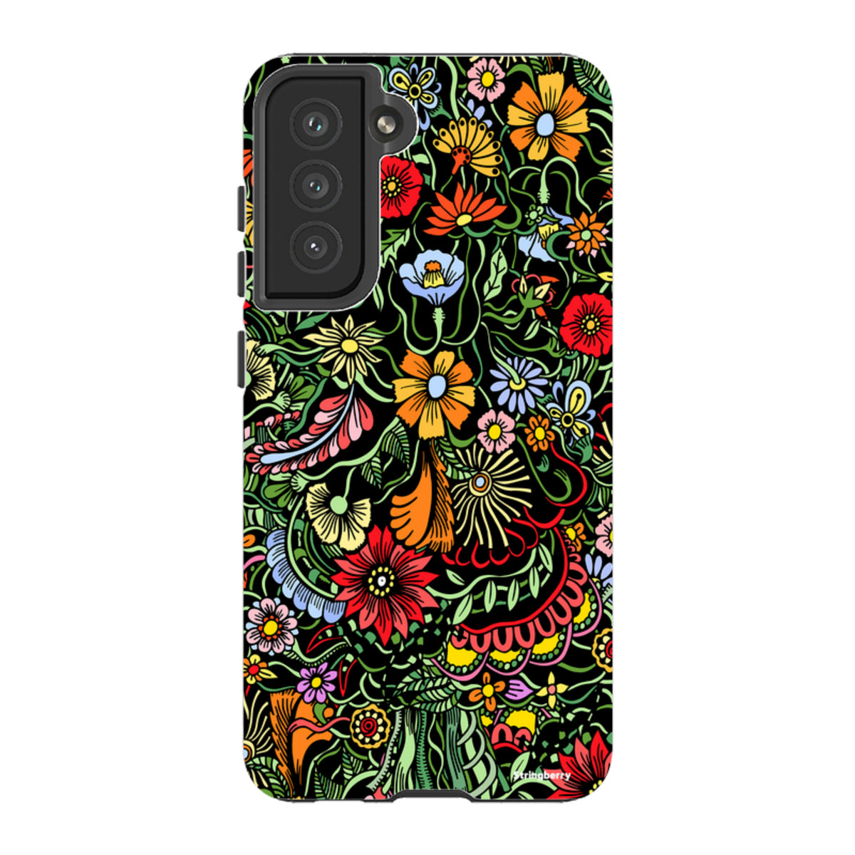 Samsung Tough Case featuring a vibrant, multicolored floral pattern on a black background with dual-layer protection.