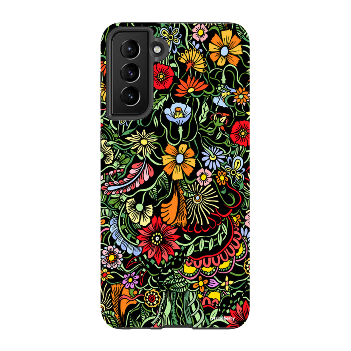 Samsung Tough Case in Verona design featuring a vibrant, multi-colored floral pattern on a black background.