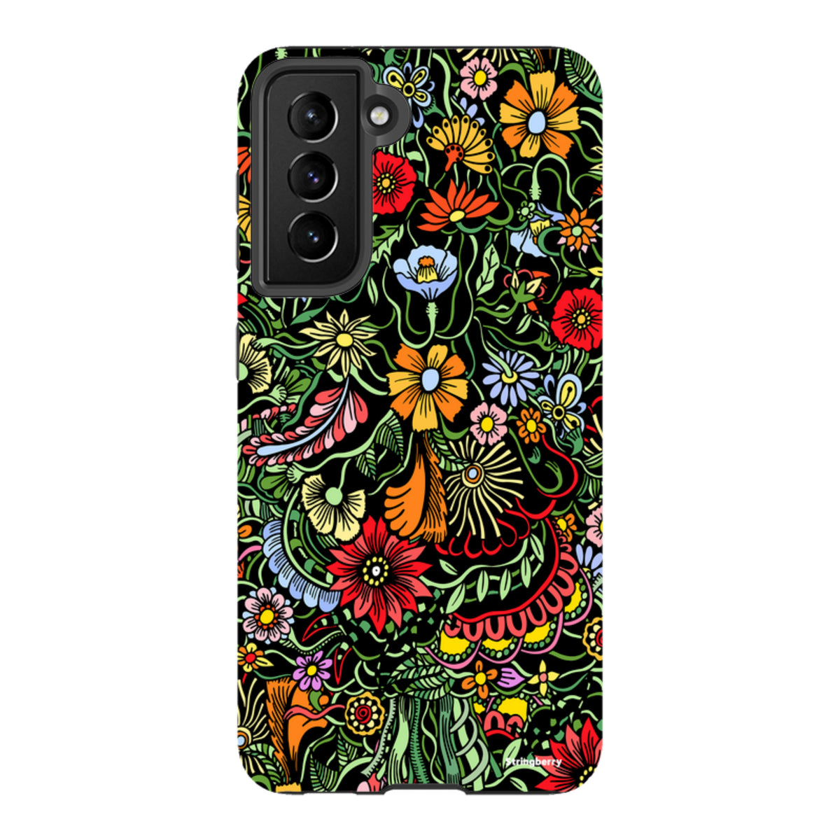 Samsung Tough Case for Galaxy in Verona design with vibrant, multi-colored floral artwork on a black background.
