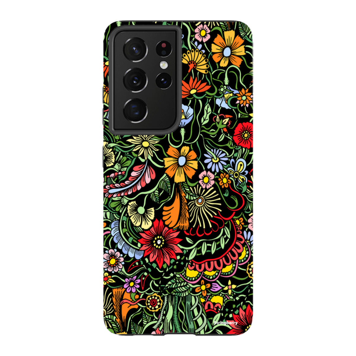 Samsung Galaxy tough case featuring a vibrant, colorful floral pattern on a black background with a protective camera cutout.
