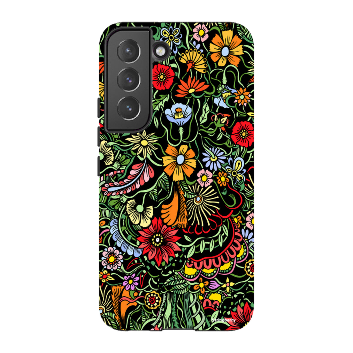 Samsung Tough Case in Verona design featuring a vibrant, multi-colored floral pattern on a black background.