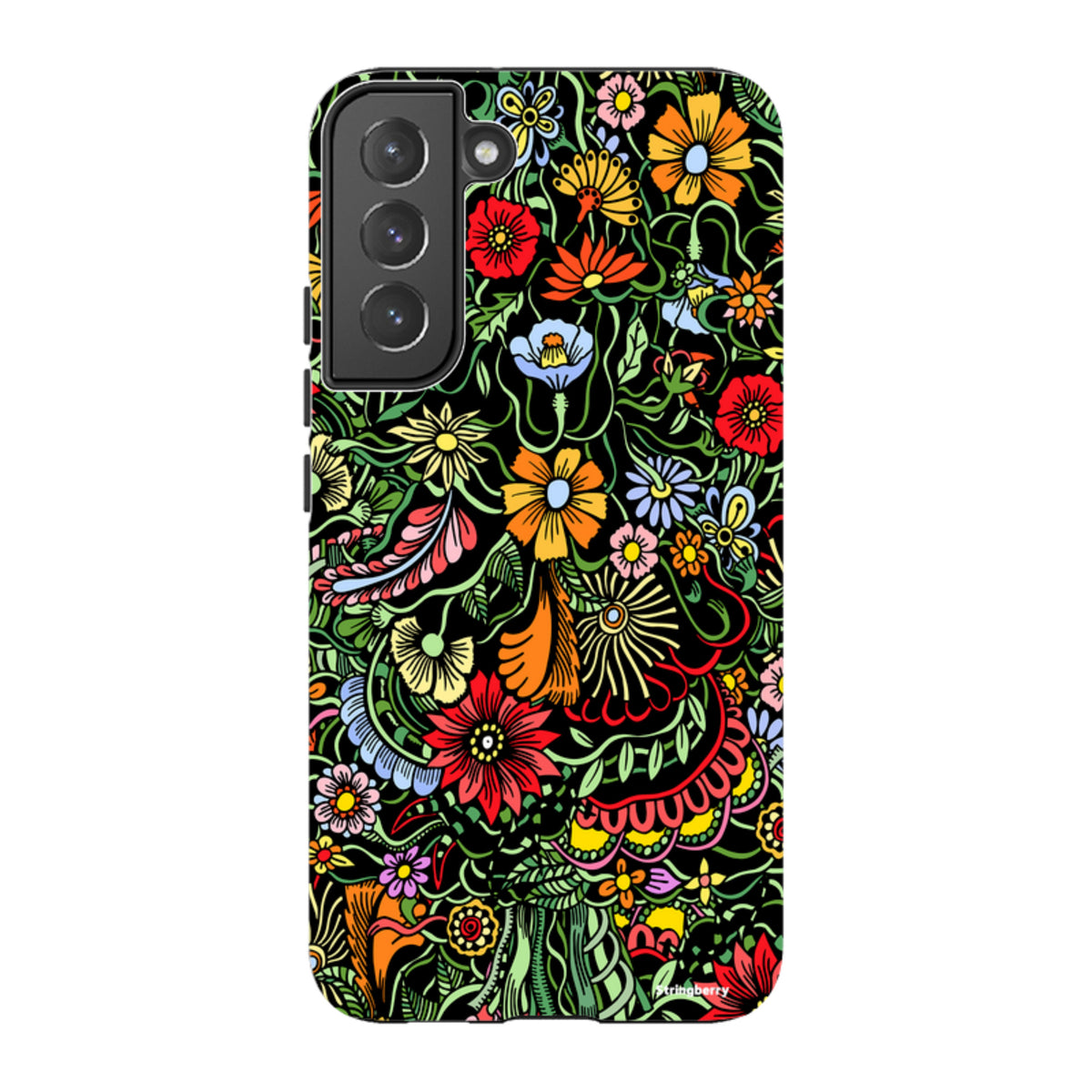 Samsung Tough Case in Verona design with vibrant, multicolored floral artwork on a black background for Galaxy phones.
