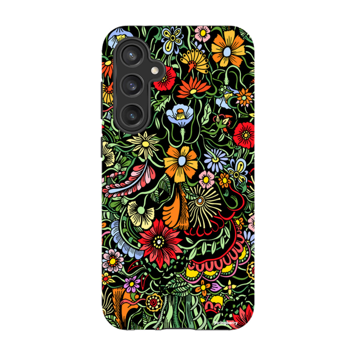 Samsung Tough Case featuring a vibrant, multicolored floral pattern on a black background with a protective dual-layer design.