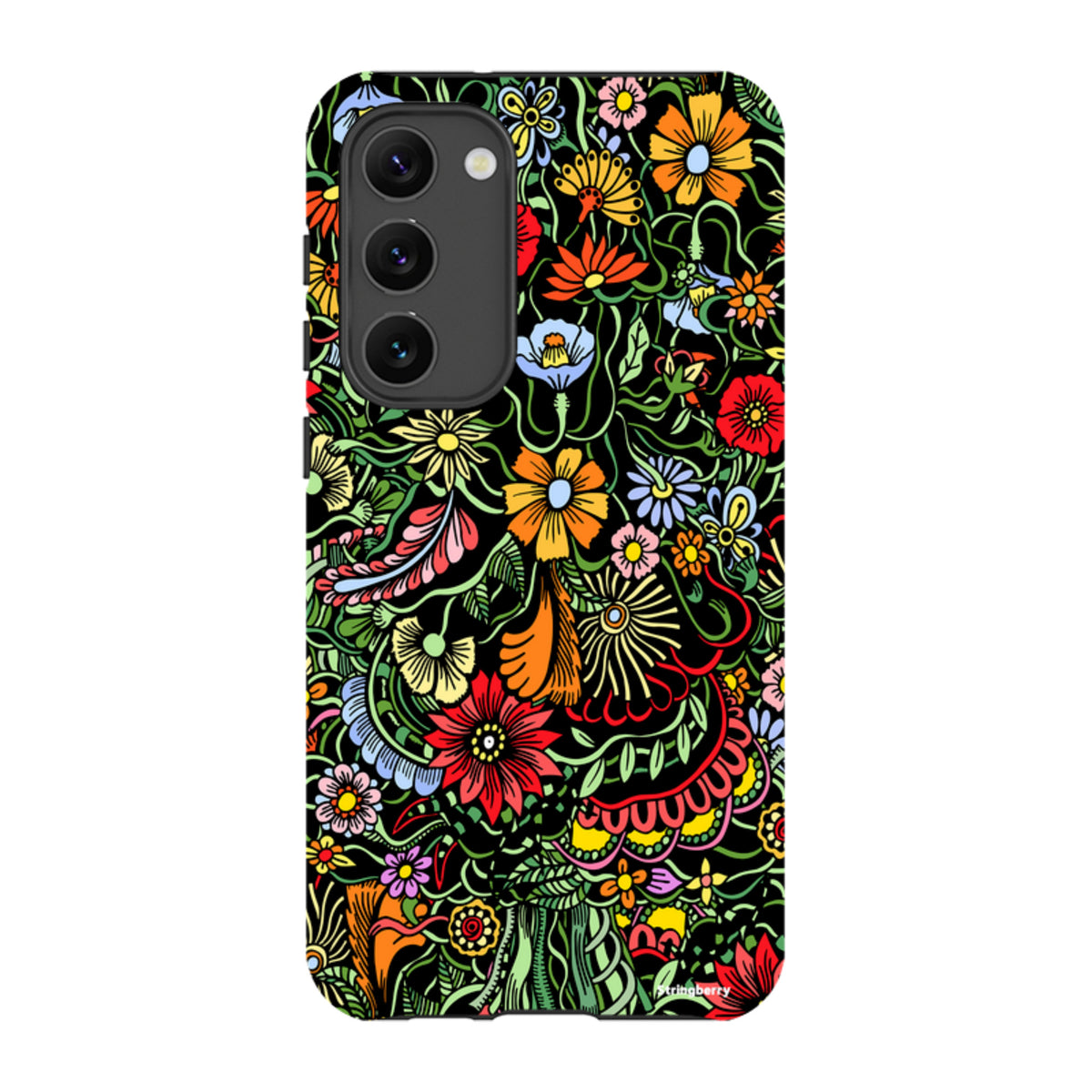 Samsung Tough Case in Verona design featuring a vibrant, colorful floral pattern on a black background for Galaxy phones.