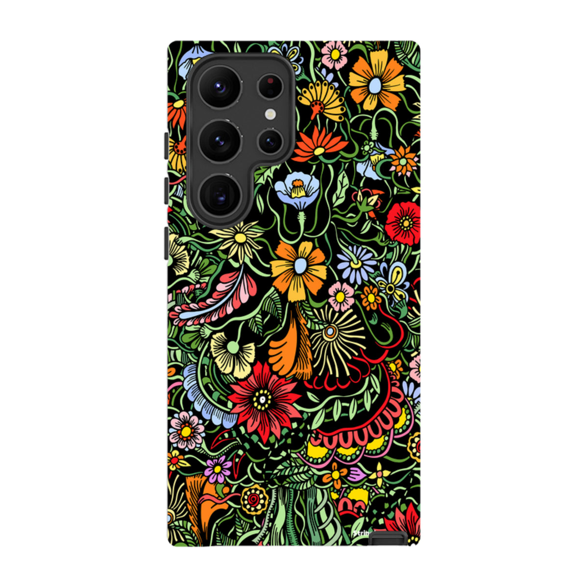 Samsung Tough Case for Galaxy featuring a vibrant, multicolored floral pattern on a black background with dual-layer design.