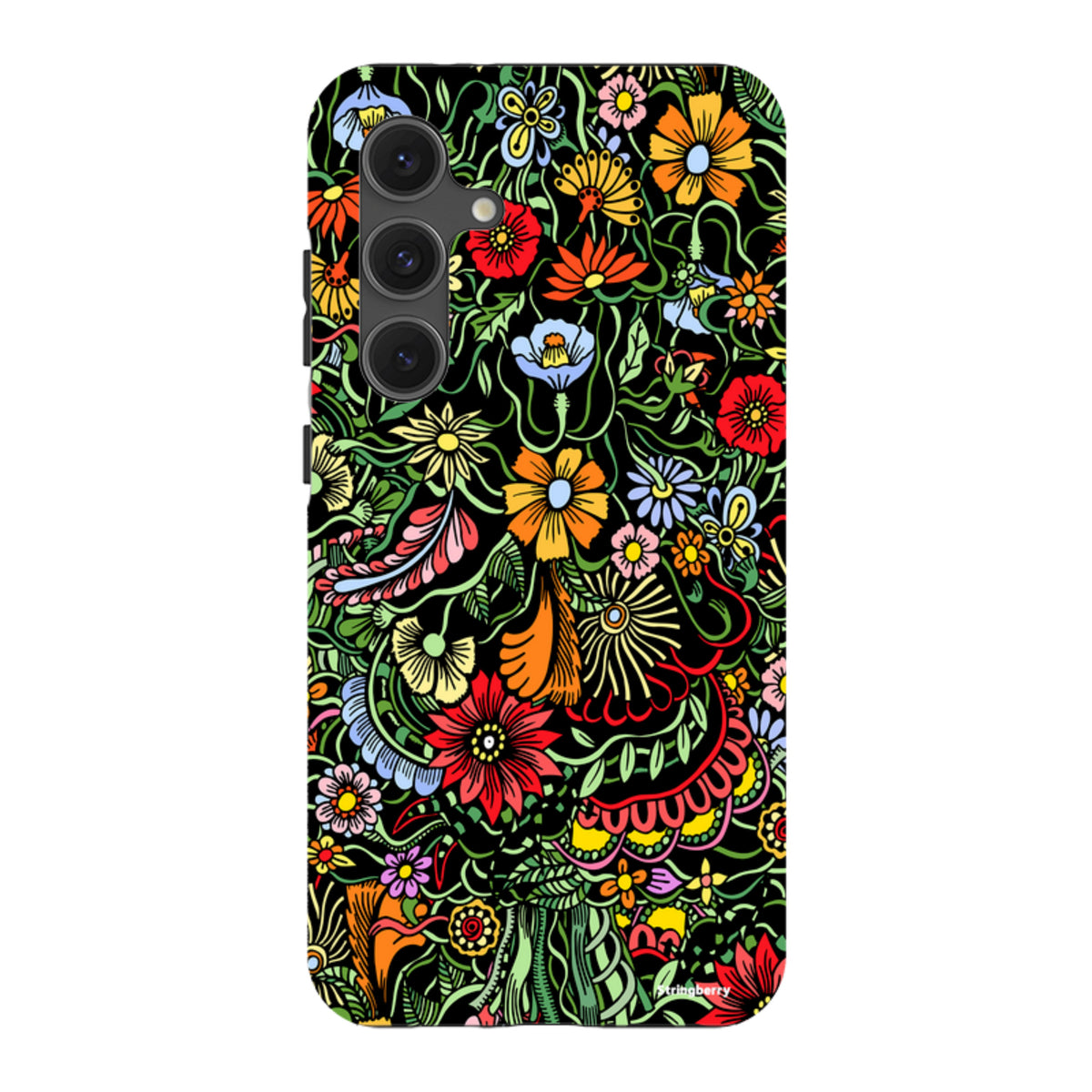 Samsung Tough Case in Verona design featuring a vibrant, multi-colored floral pattern on a black background.