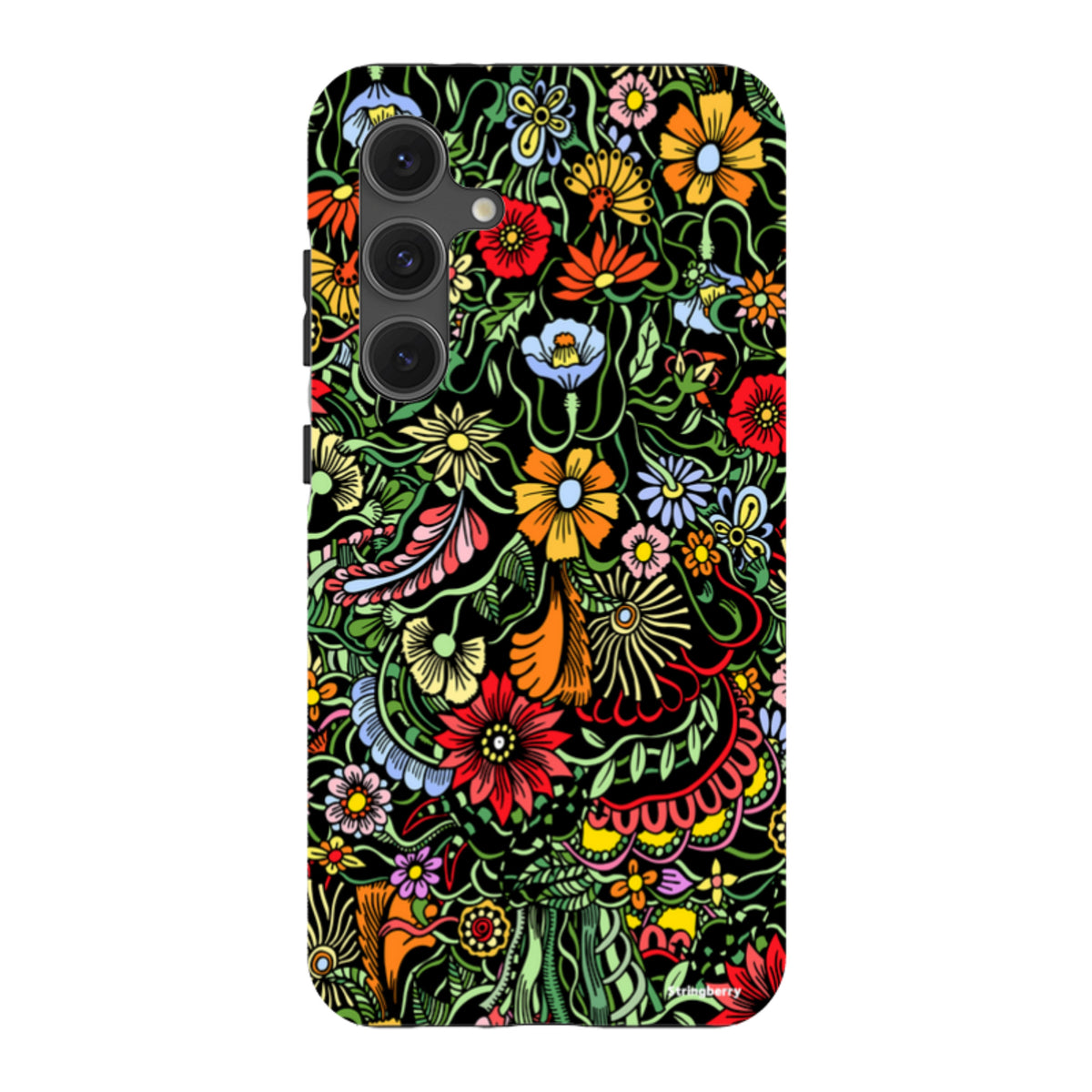 Samsung Tough Case in Verona design featuring a vibrant, colorful floral pattern on a black background for Galaxy phones.