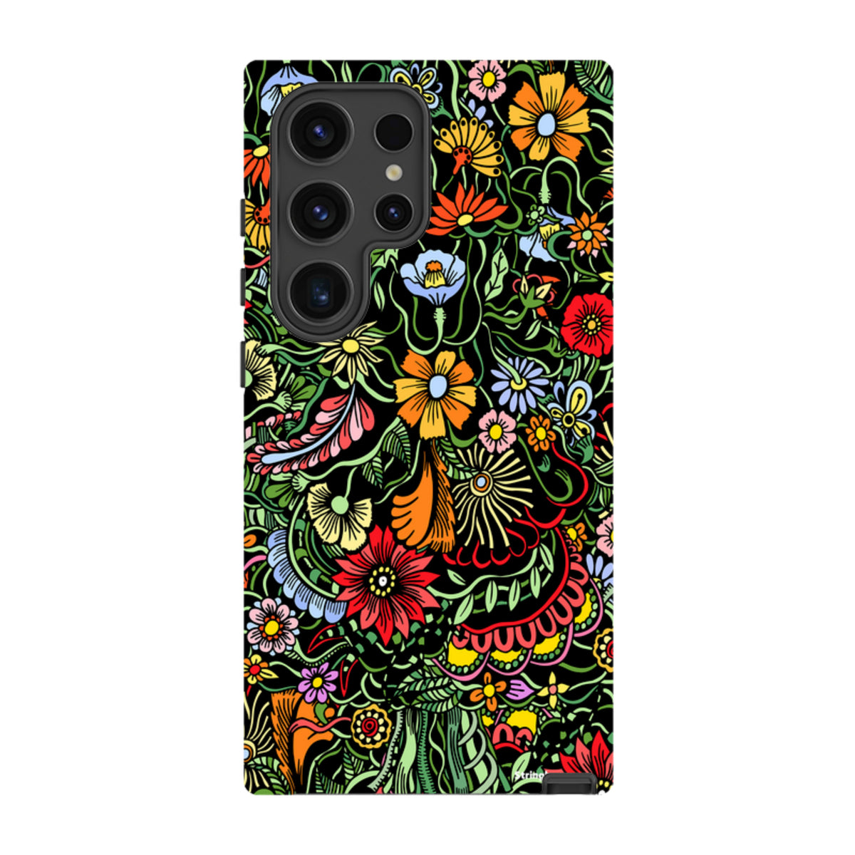 Samsung Galaxy tough case featuring a vibrant, multicolored floral pattern on a black background with dual-layer protection.