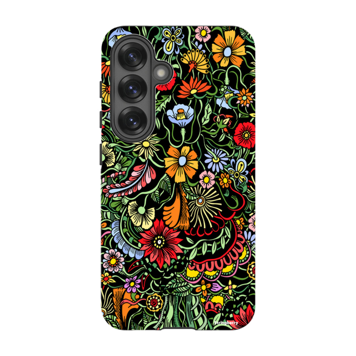 Samsung Tough Case in Verona design featuring a vibrant, colorful floral pattern on a black background for Galaxy phones.