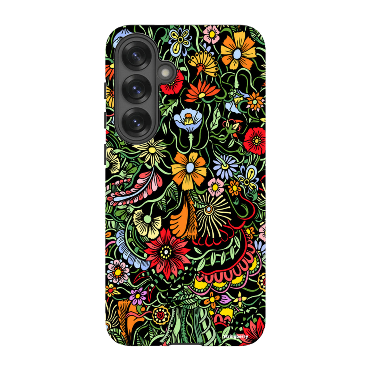 Samsung Tough Case in Verona design featuring a vibrant, multicolored floral pattern on a black background.