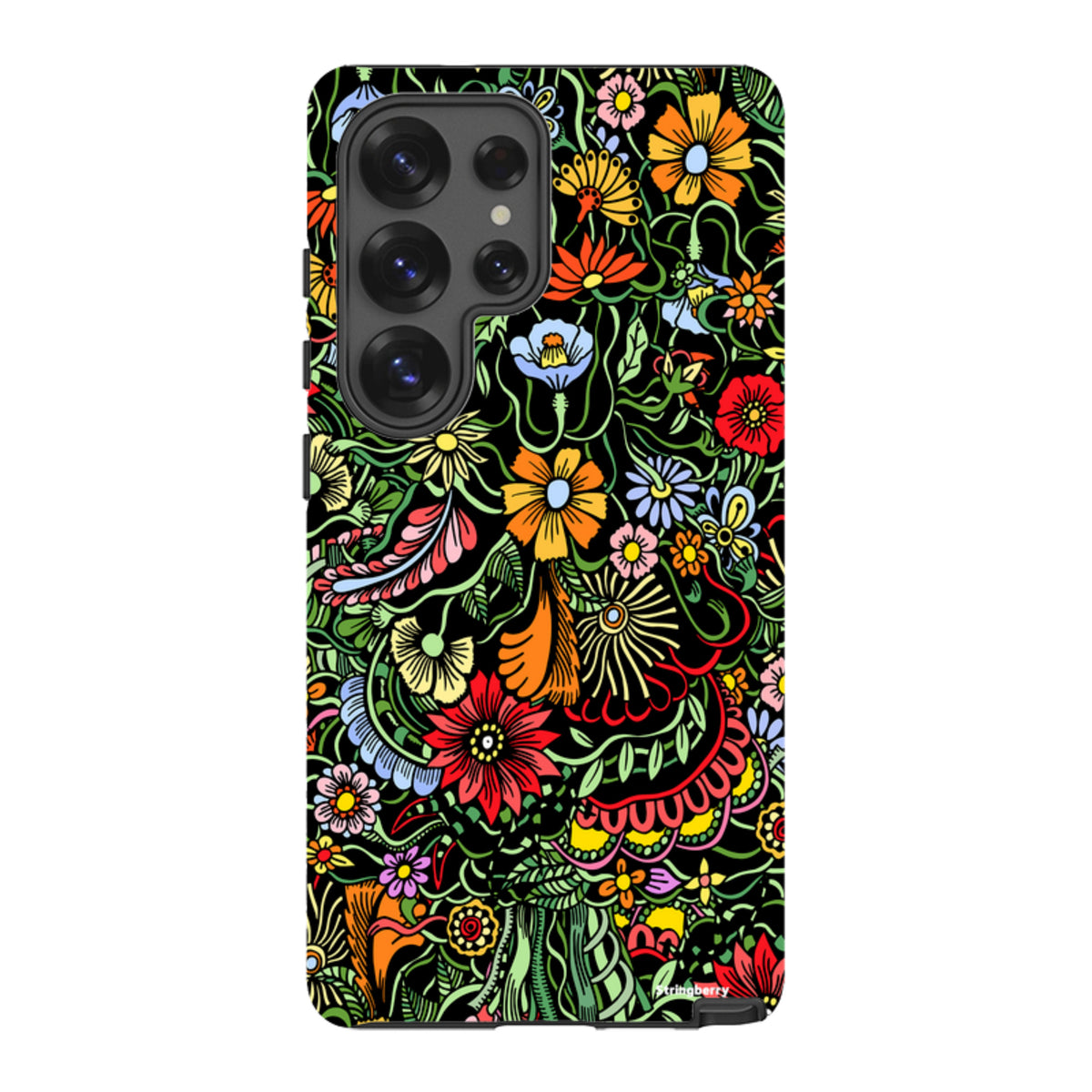 Samsung Tough Case in Verona design featuring a vibrant, multicolored floral pattern on a black background.