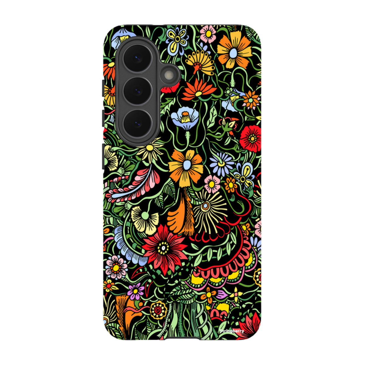 Samsung Tough Case in Verona design featuring a vibrant, colorful floral pattern on a black background for Galaxy phones.