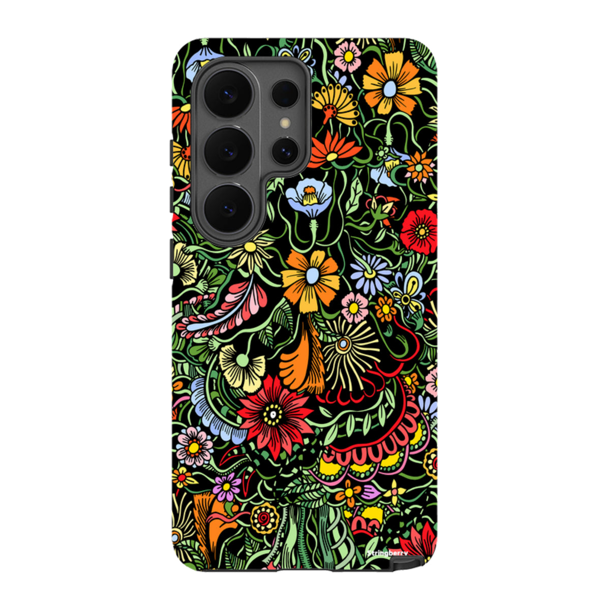 Samsung Galaxy tough case featuring a vibrant, multicolored floral pattern on a black background with a dual-layer design.
