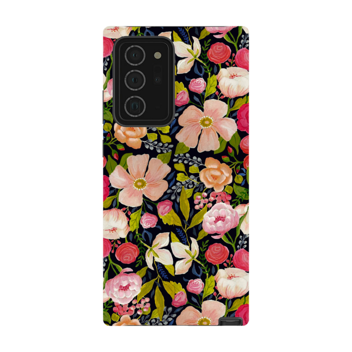 Samsung tough phone case featuring a vibrant vintage rose floral pattern on a black background with a triple-lens camera.