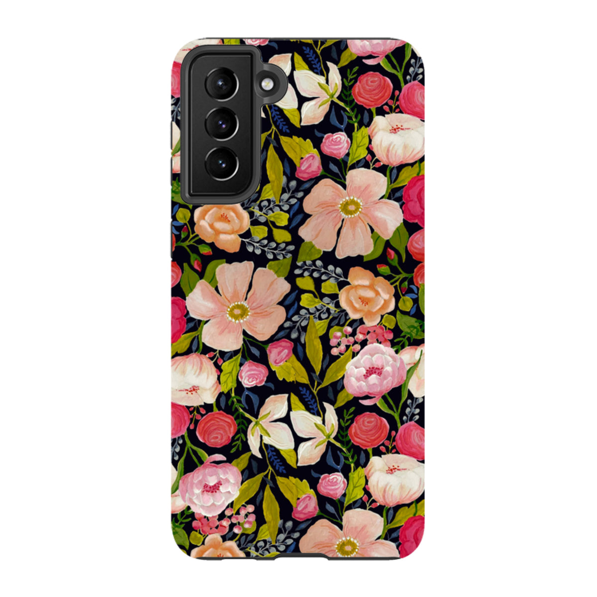 Samsung Tough Case featuring a vibrant vintage rose floral pattern on a black background with dual-layer protection.