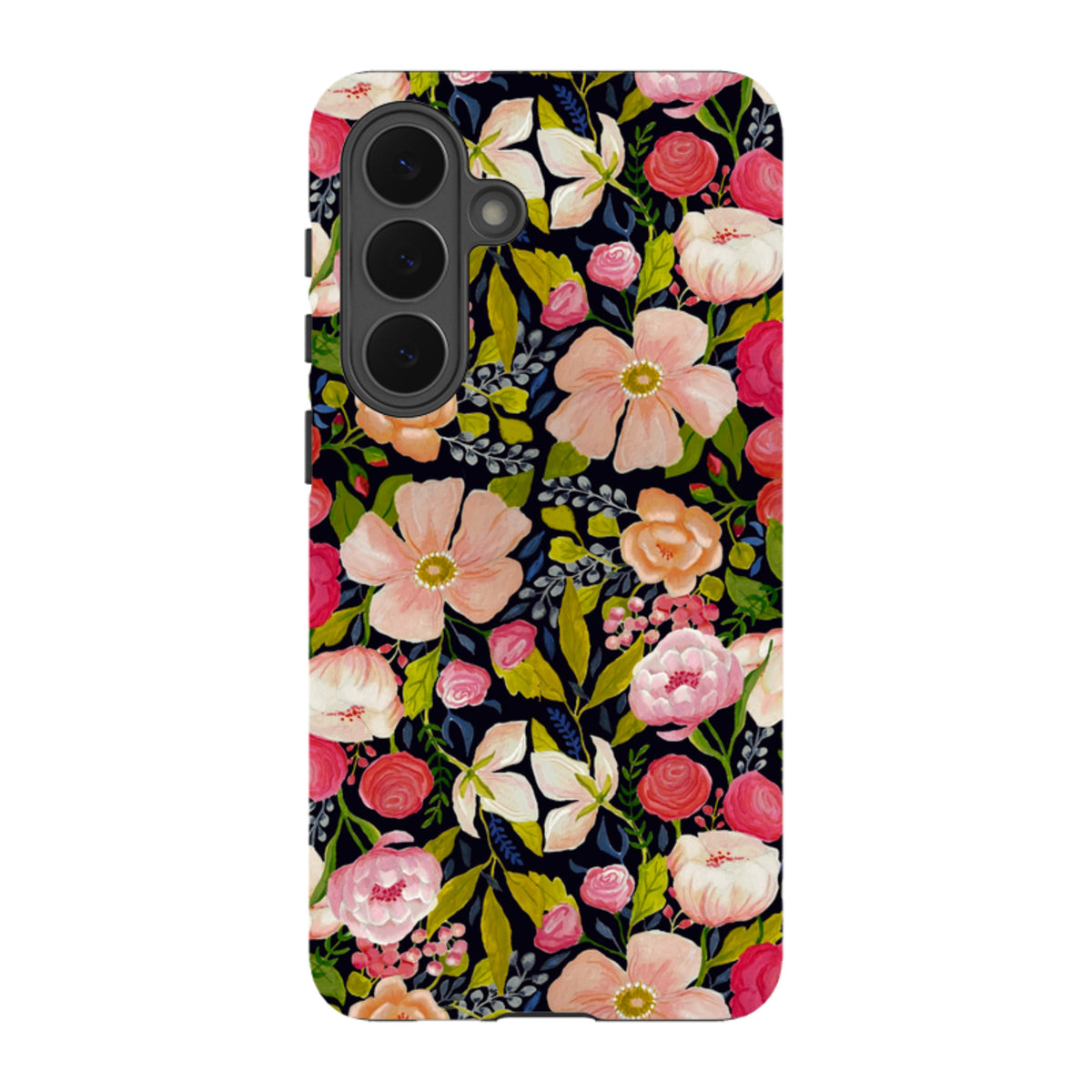 Samsung Tough Case featuring a vibrant vintage rose floral pattern on a black background with dual-layer protection.