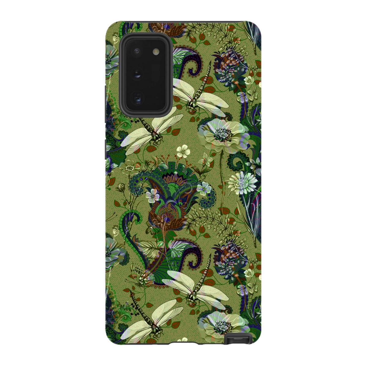 Samsung Tough Case featuring a green Vyne pattern with dragonflies, flowers, and paisley details on a dual-layer phone cover.