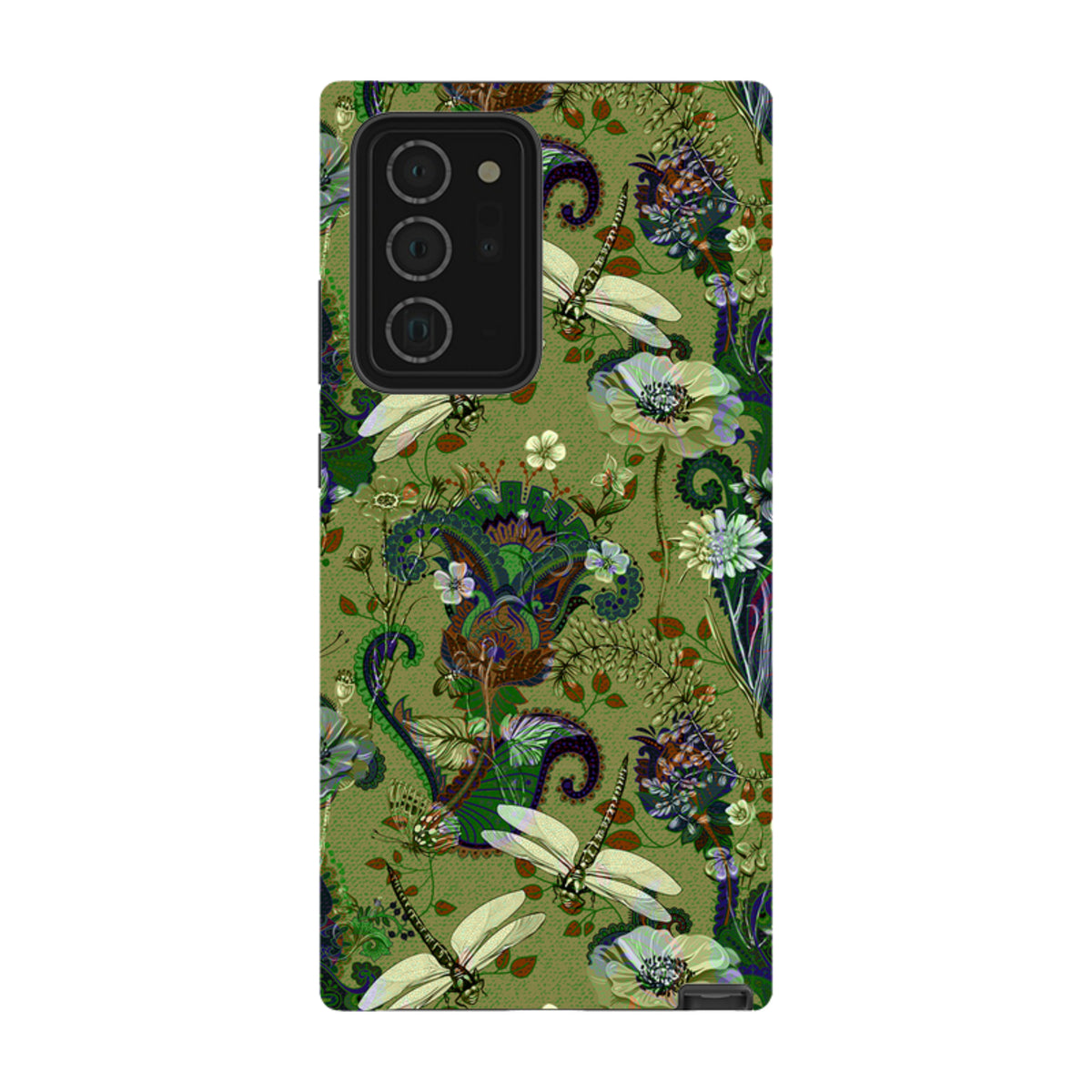 Samsung Tough Case featuring a green Vyne pattern with dragonflies, floral motifs, and a dual-layer protective design.