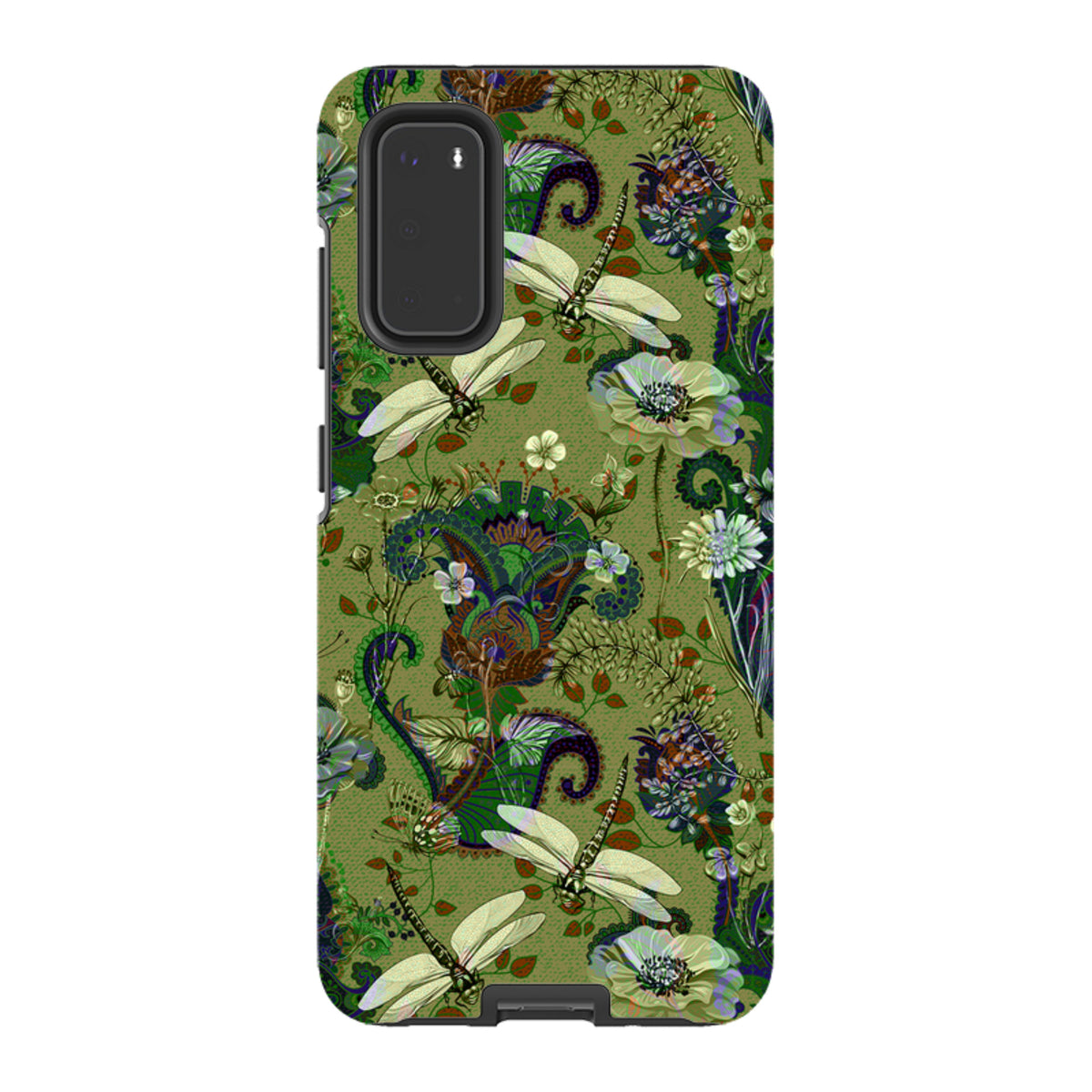 Samsung Tough Case with Vyne pattern featuring dragonflies and floral motifs on an olive green background.