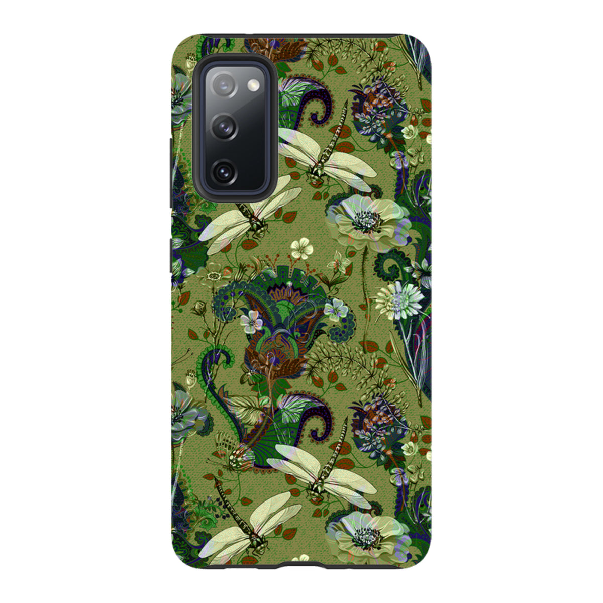 Samsung Galaxy tough case featuring a green Vyne pattern with dragonflies, floral motifs, and a dual-layer protective shell.
