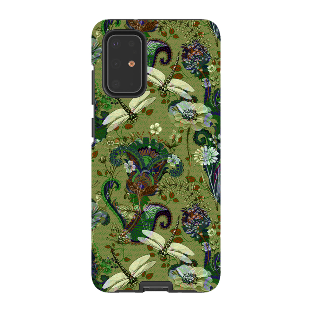 Samsung Tough Case with a green Vyne pattern featuring dragonflies, floral motifs, and a durable dual-layer design.