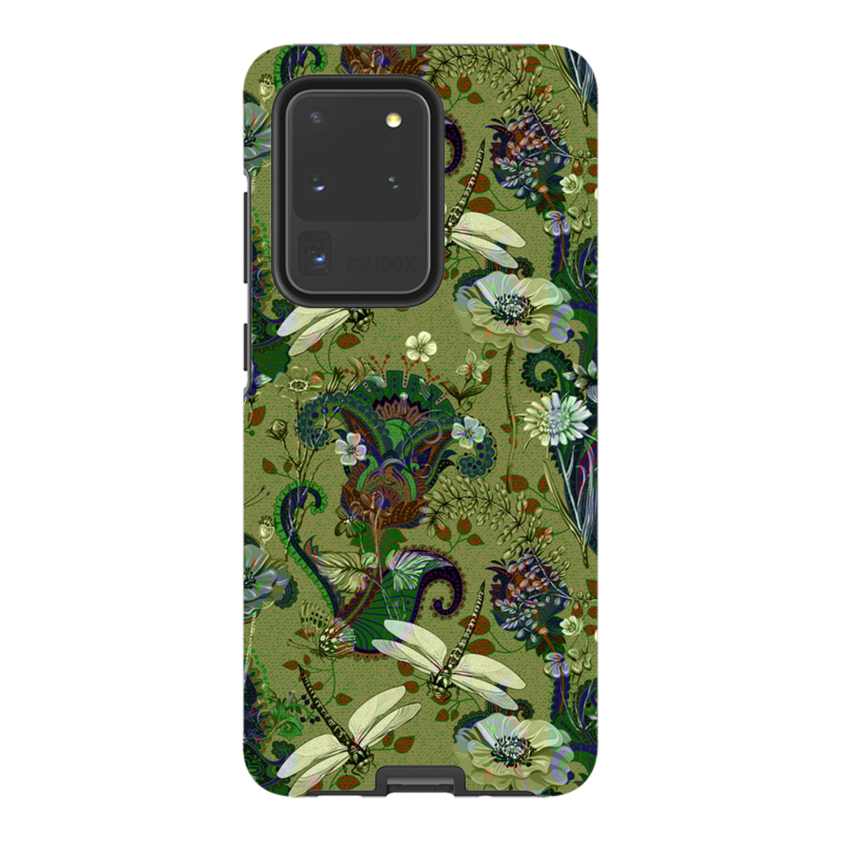 Samsung Galaxy tough case featuring a green botanical Vyne pattern with dragonflies and flowers in a dual-layer design.