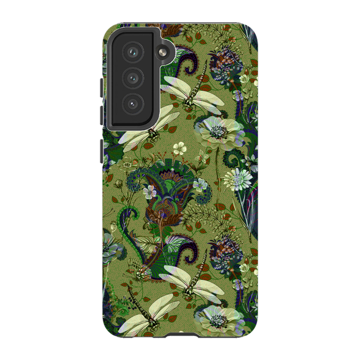 Samsung Tough Case featuring a green botanical pattern with dragonflies and paisley accents for Galaxy devices.