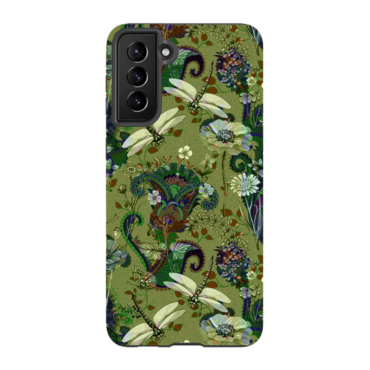 Samsung Tough Case featuring a green Vyne pattern with dragonflies, floral motifs, and paisley designs for Galaxy phones.