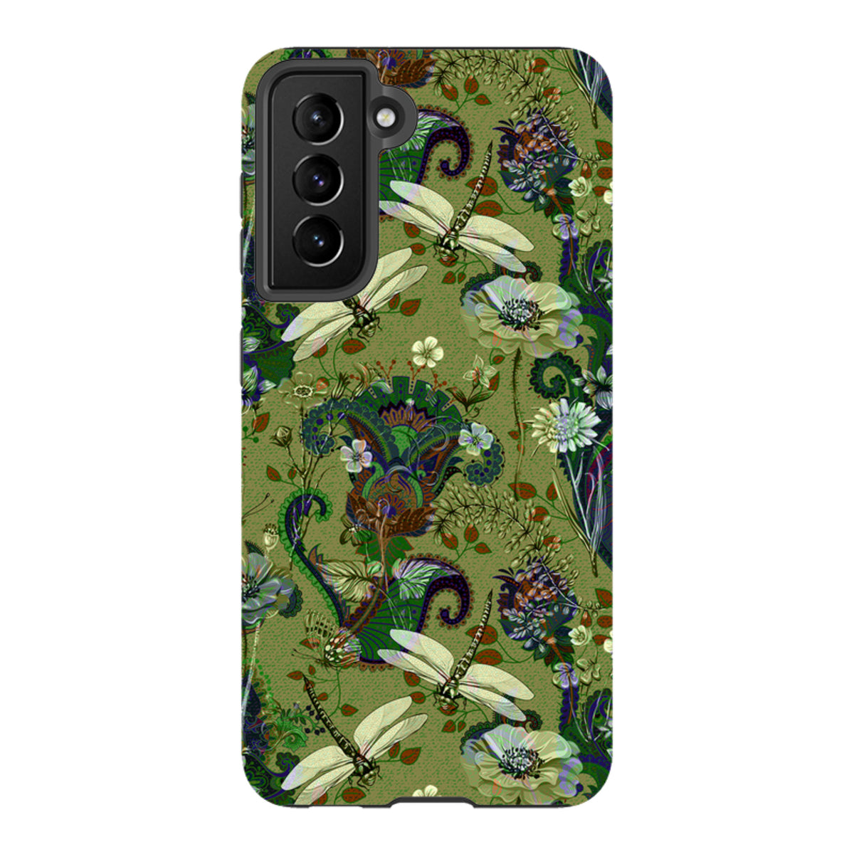 Samsung Tough Case featuring a green Vyne pattern with dragonflies, floral motifs, and a protective dual-layer design.