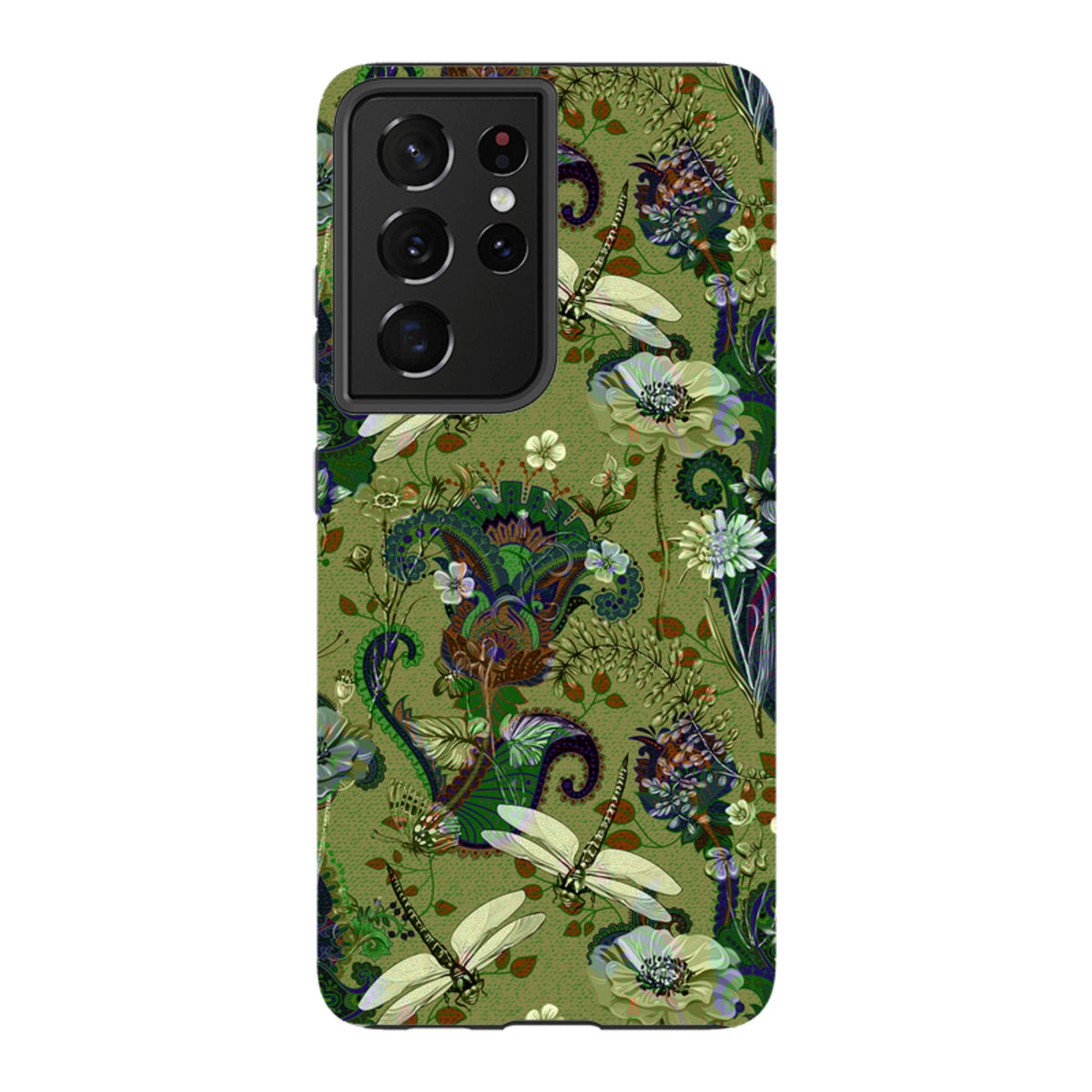 Samsung Tough Case in Vyne pattern featuring a green floral and dragonfly design with a durable dual-layer finish.