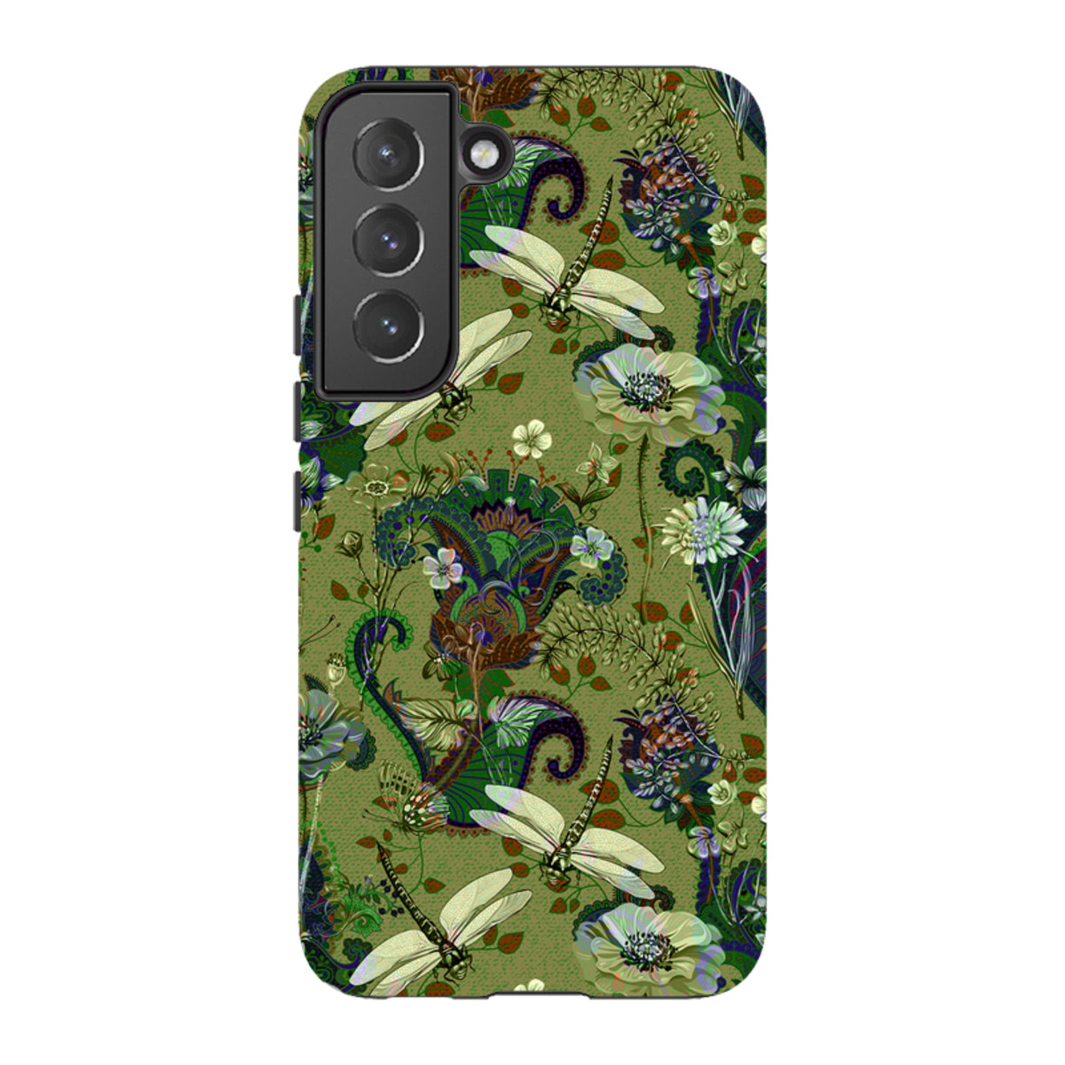 Samsung Tough Case featuring a green botanical pattern with dragonflies, flowers, and paisley details for Galaxy phones.