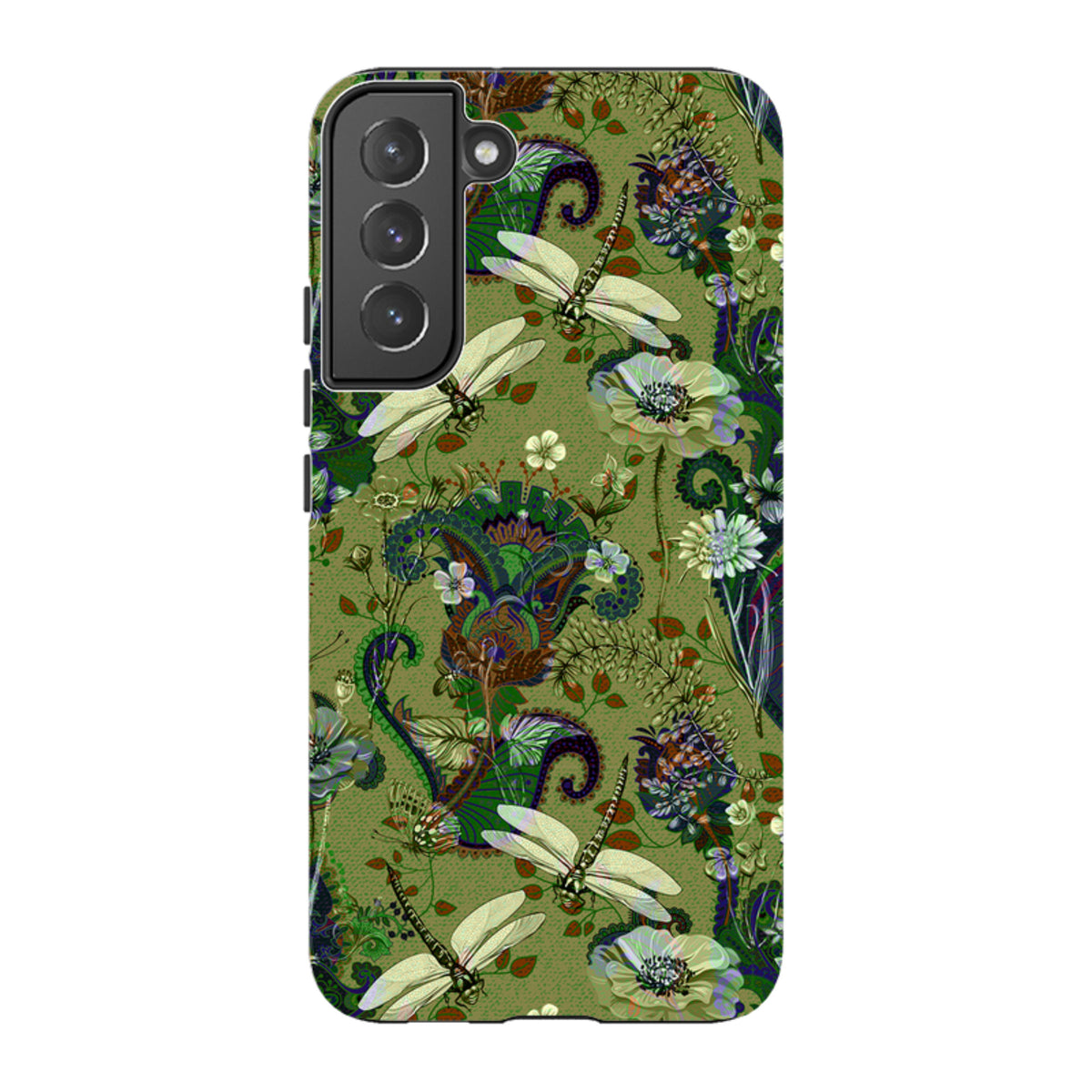 Samsung Galaxy tough case featuring a green Vyne pattern with dragonflies, intricate floral motifs, and dual-layer design.