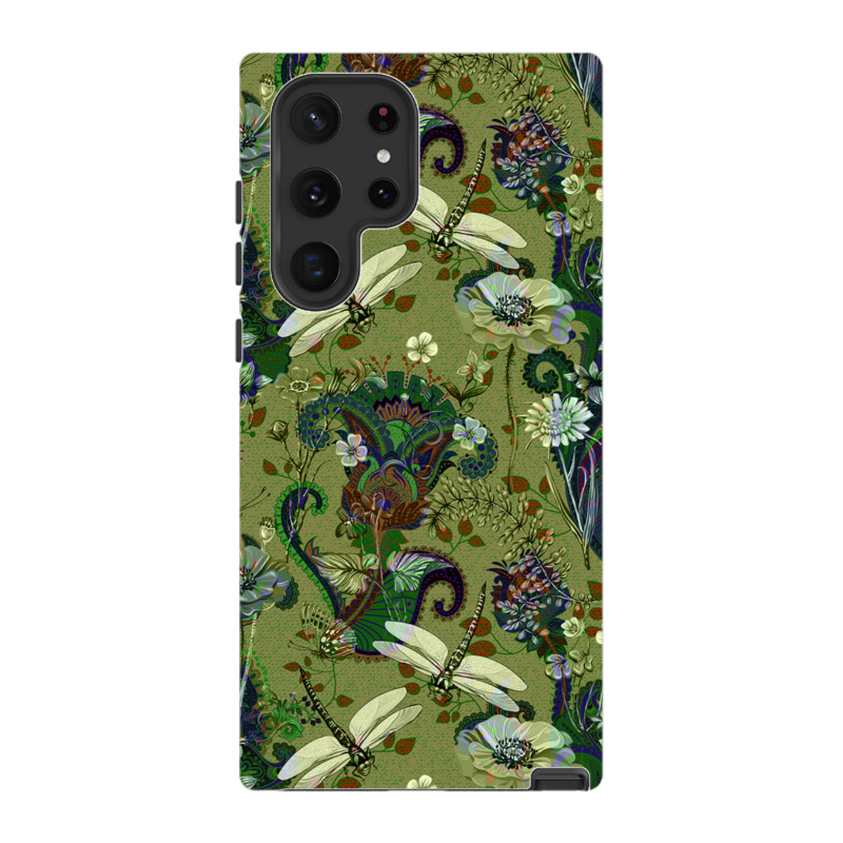 Samsung Tough Case featuring a green Vyne pattern with dragonfly and floral illustrations and a dual-layer protective shell.