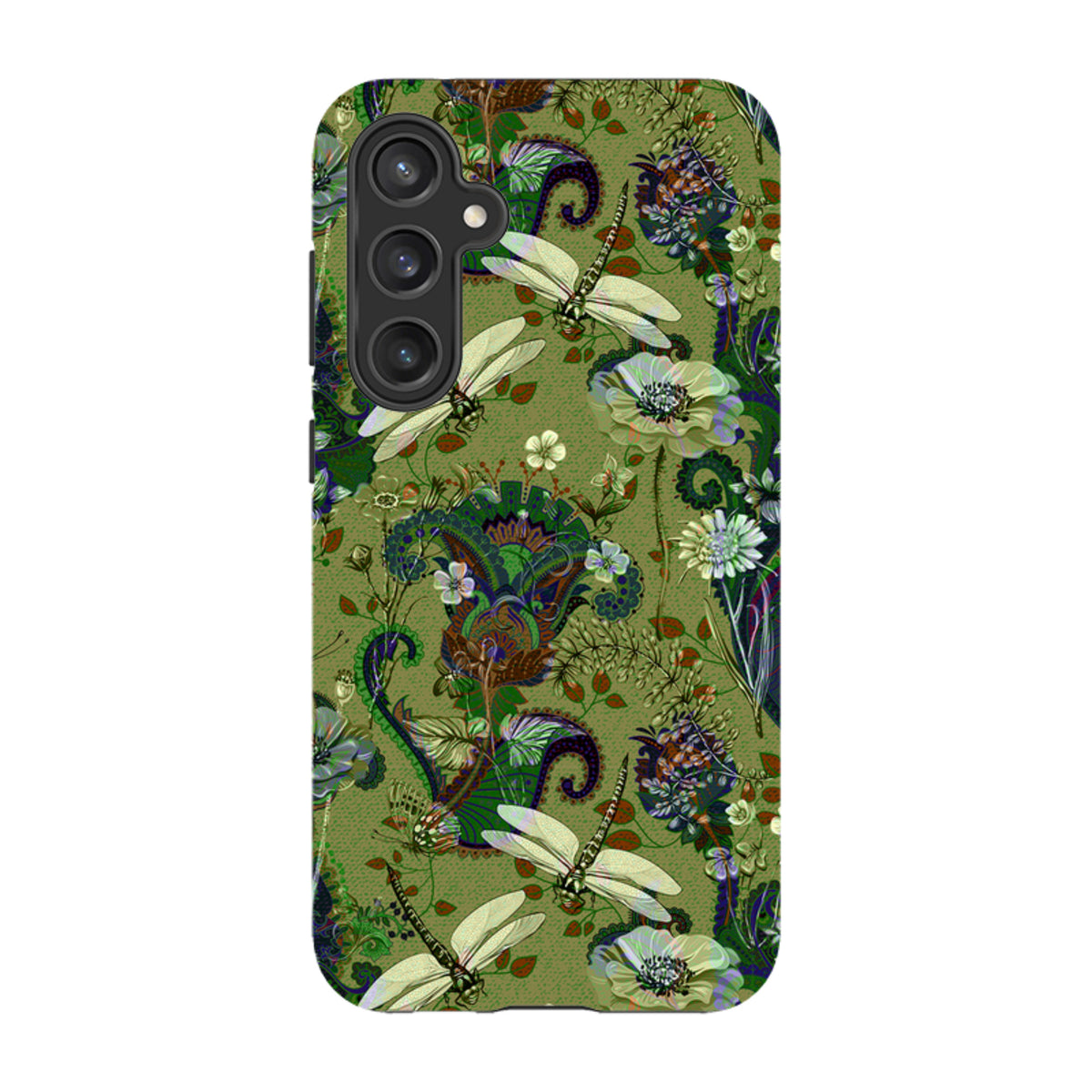 Samsung Tough Case featuring a green Vyne pattern with dragonfly and floral illustrations and a dual-layer design.