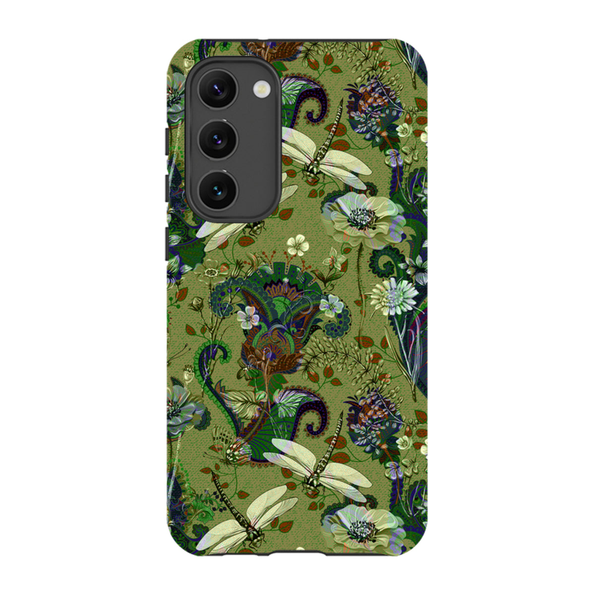Samsung Tough Case featuring a green Vyne floral and dragonfly pattern with a durable dual-layer protective design.