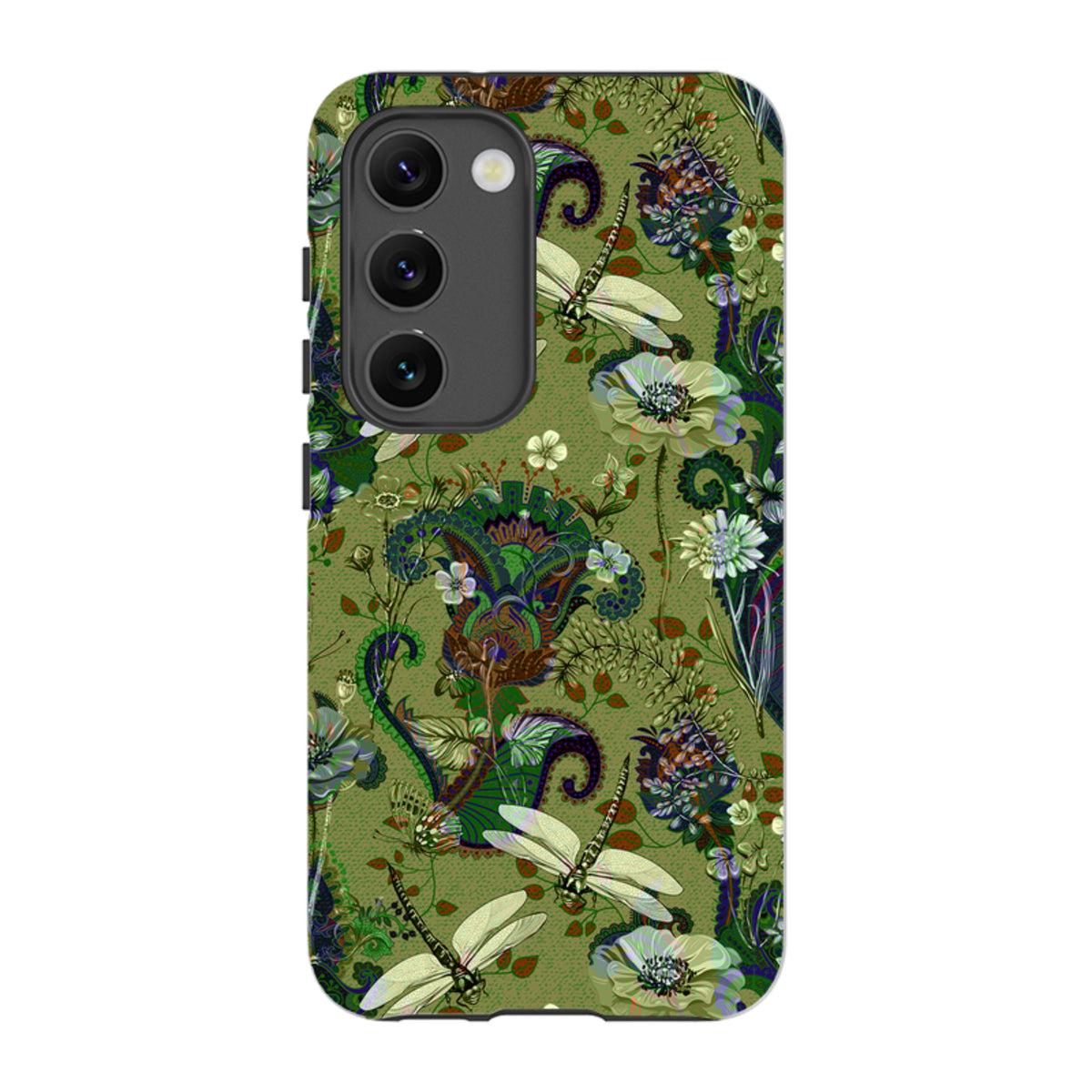 Samsung Tough Case with olive green Vyne pattern featuring dragonflies, intricate paisley, and floral motifs.