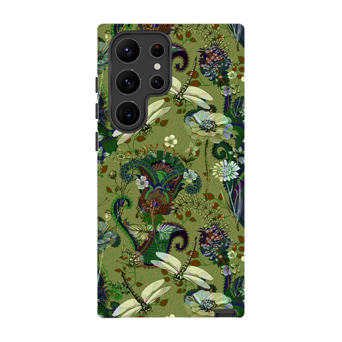 Samsung Galaxy tough case featuring a green Vyne floral and dragonfly pattern with a durable dual-layer protective shell.