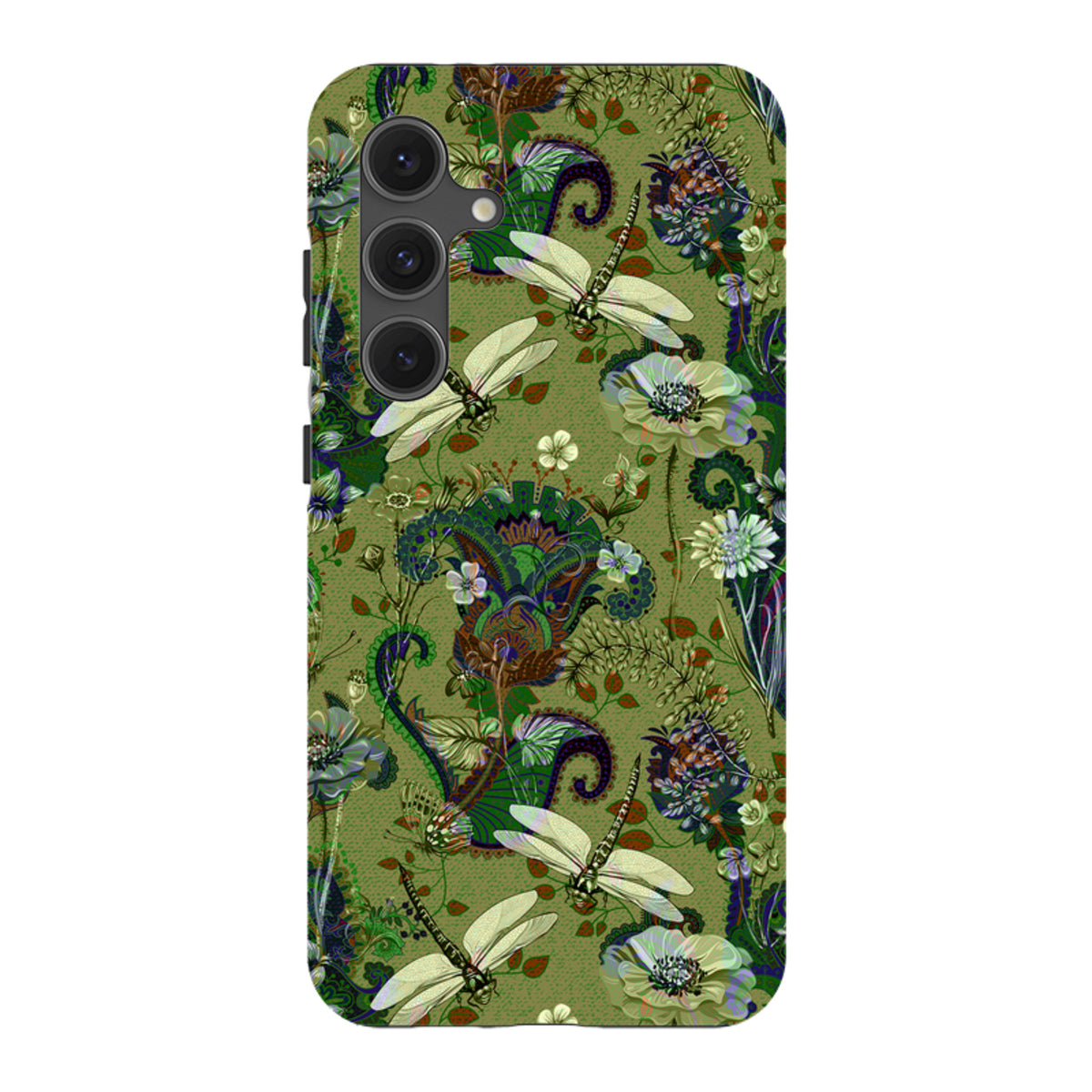 Samsung Tough Case featuring a green Vyne pattern with dragonflies and floral motifs for dual-layer device protection.