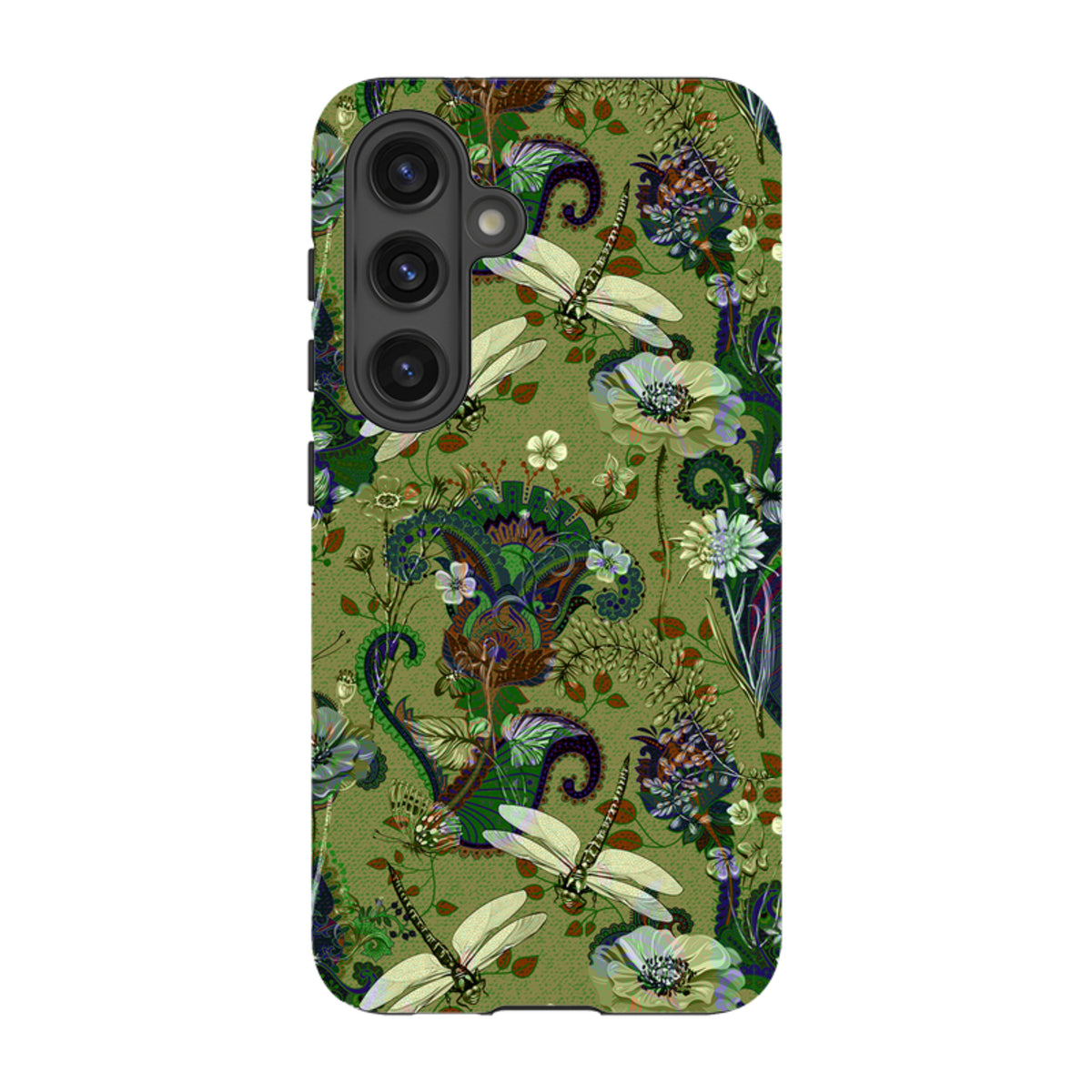 Samsung Galaxy tough case with a green Vyne pattern featuring dragonfly and floral illustrations in a dual-layer design.