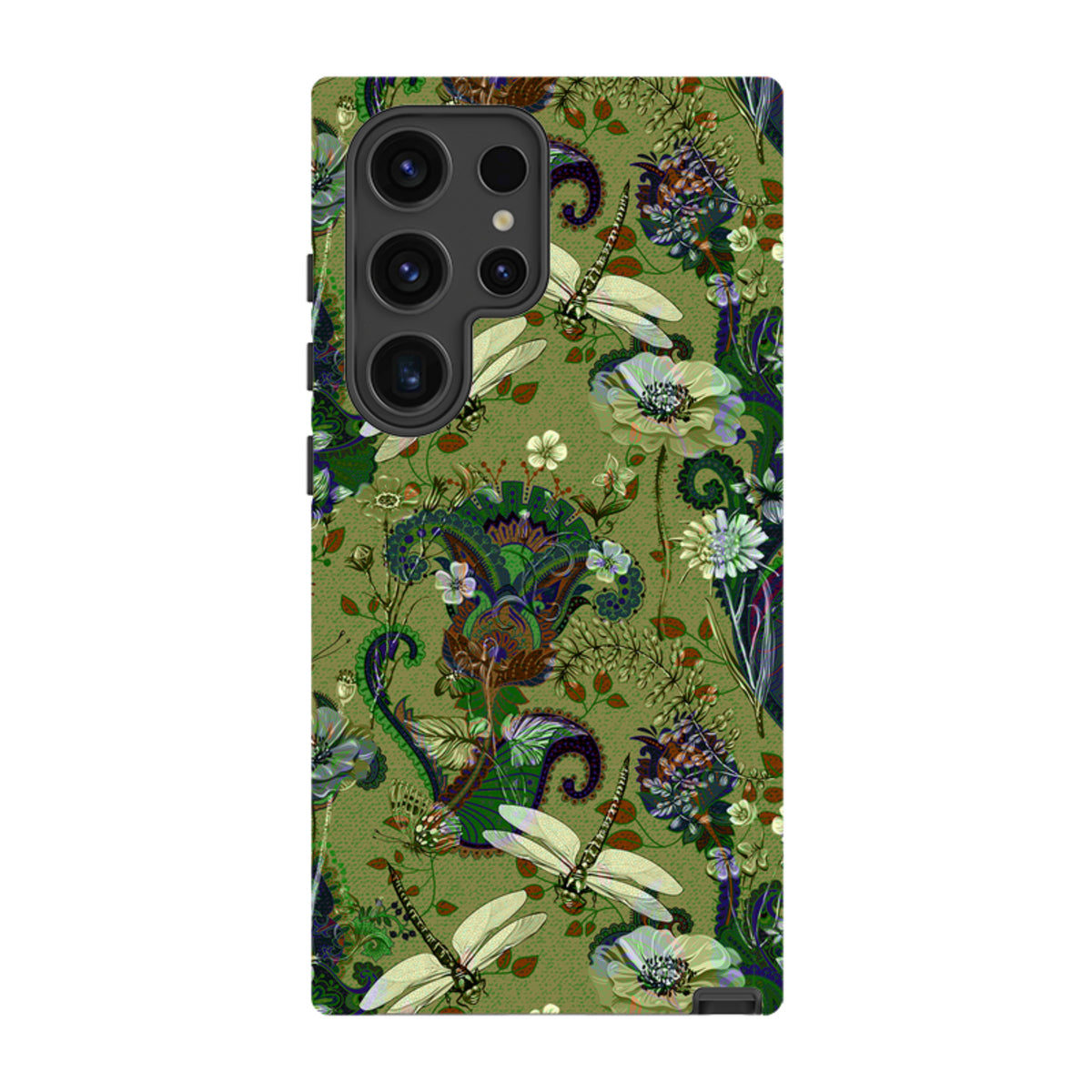 Samsung Galaxy tough case featuring a green Vyne floral and dragonfly pattern with a durable dual-layer design.