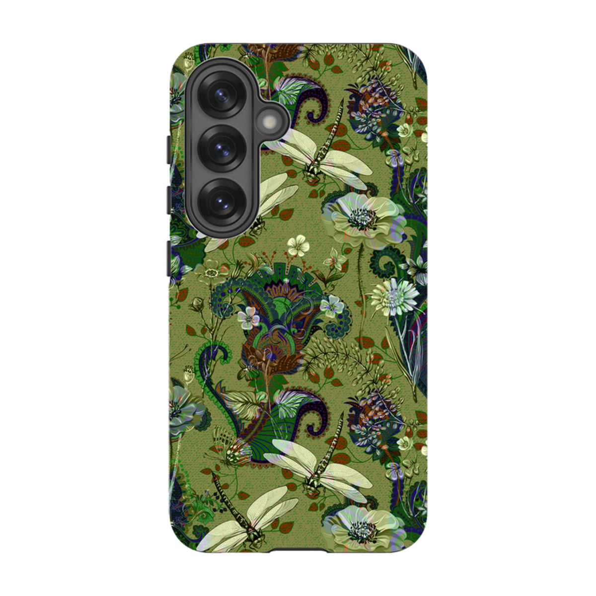 Samsung Tough Case with olive green Vyne pattern featuring dragonflies, floral motifs, and dual-layer protective shell.