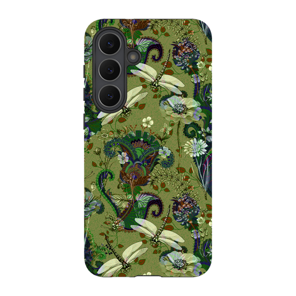 Samsung Tough Case with a green Vyne pattern featuring dragonflies, intricate floral motifs, and a durable dual-layer design.