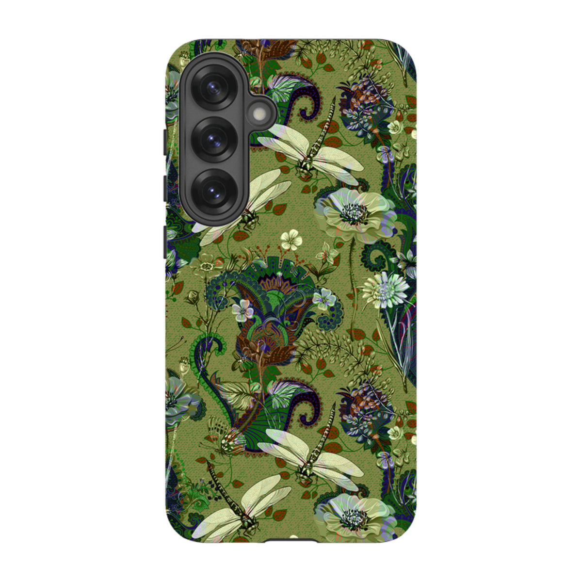Samsung Tough Case featuring a green Vyne pattern with dragonflies, floral motifs, and a protective dual-layer design.
